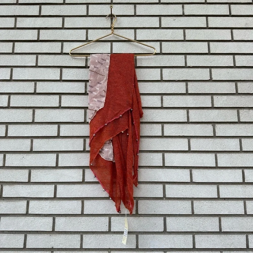 NWT Manyus Burnt Orange Mixed Media Scarf Sheer Embroidered Panel Beaded Fringe